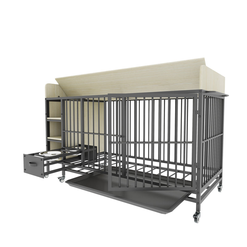 Large pet cage with storage rack, drawers with stainless steel food and water basin, made of iron frame and MDF material, sturdy, exquisite, and practical (black+beige)