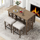 3-Piece Retro Dining Set Solid Wood Counter Height Pub Set Foldable Table with 2 Saddle Stools for Kitchen, Small Space (Distressed Brown)