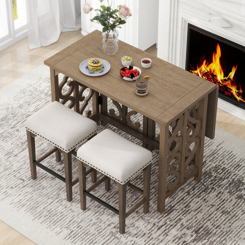 3-Piece Retro Dining Set Solid Wood Counter Height Pub Set Foldable Table with 2 Saddle Stools for Kitchen, Small Space (Distressed Brown)