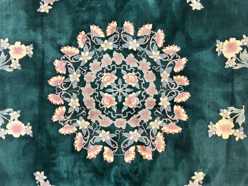 Chinese Art Deco Rug 9x12, Wool Hand Knotted Vintage Carpet, Dark Green & Cream, 90 Line Carving Rug