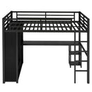 Full Size Loft Bed Frame with Built-in Wardrobe, Metal Loft Bed with Desk and Storage Shelves