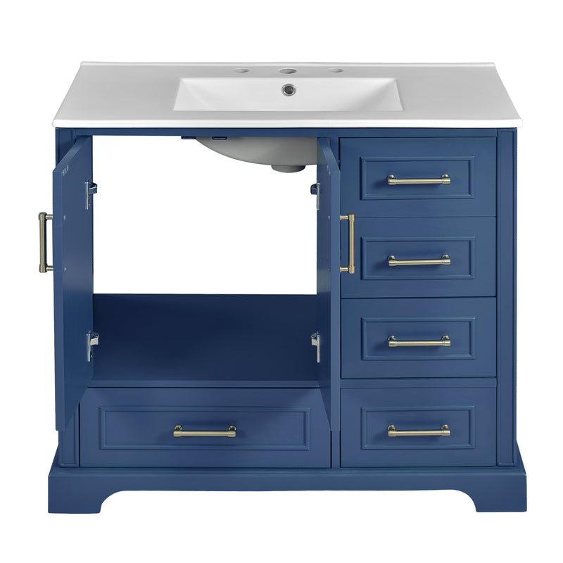 36' Traditional Bathroom Vanity with Ceramics Sink , Blue Bathroom Cabinet with Two Soft Close Doors and Four Drawers(Old sku:SV000026AAC)