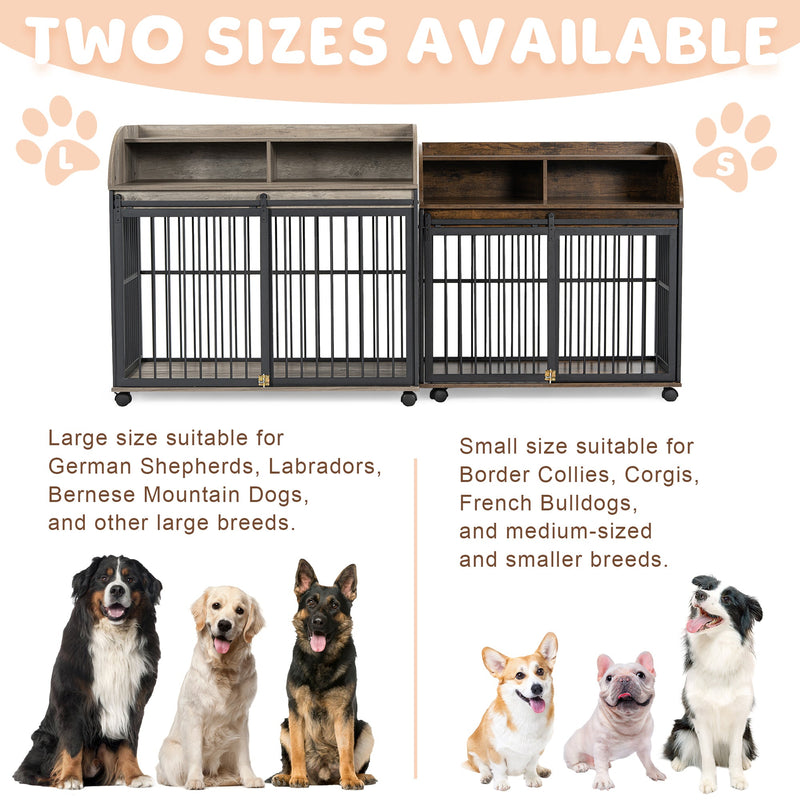 44" Heavy Duty Large Dog Crate Furniture for Large Medium Dog with Lockable Wheels, Wooden Dog Crate Dog Kennel, End Table Crate with Double layer storage, Gray