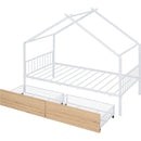 Twin Size Metal House Bed with Two Drawers, White
