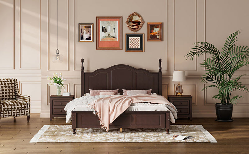 3-Pieces Bedroom Sets,Queen Size Wood Platform Bed and Two Nightstands-Dark Walnut