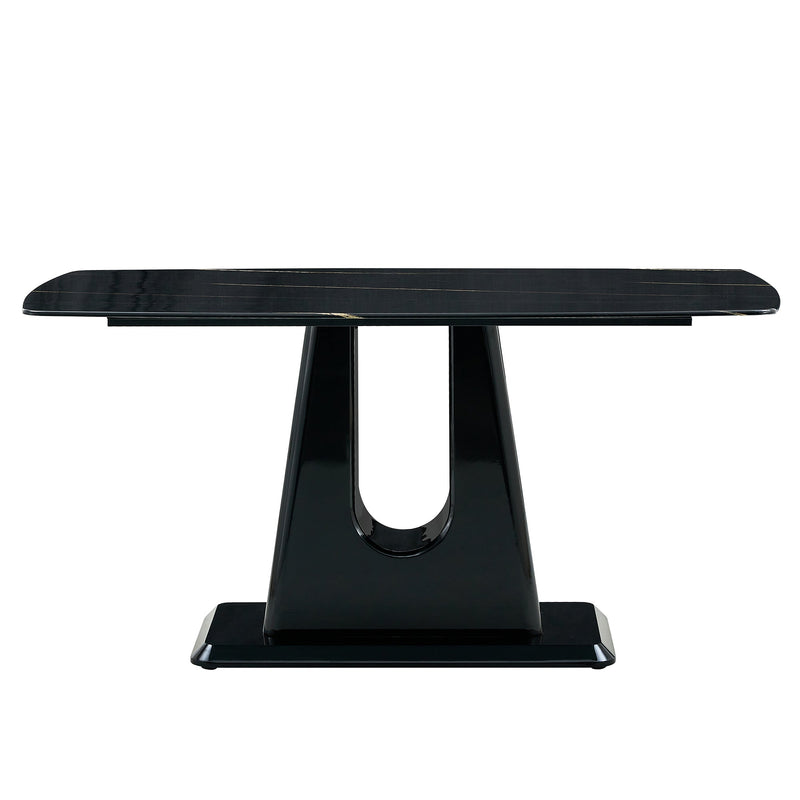 A modern, minimalist, and luxurious table. A black imitation marble tabletop with MDF U-shaped legs. Dining table, computer table. For restaurants and living rooms 63" x 35.4"x 30" F-U