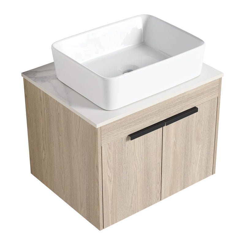 24" Modern Design Float Bathroom Vanity With Ceramic Basin Set, Wall Mounted White Oak Vanity With Soft Close Door, KD-PackingD-Packing Pieces