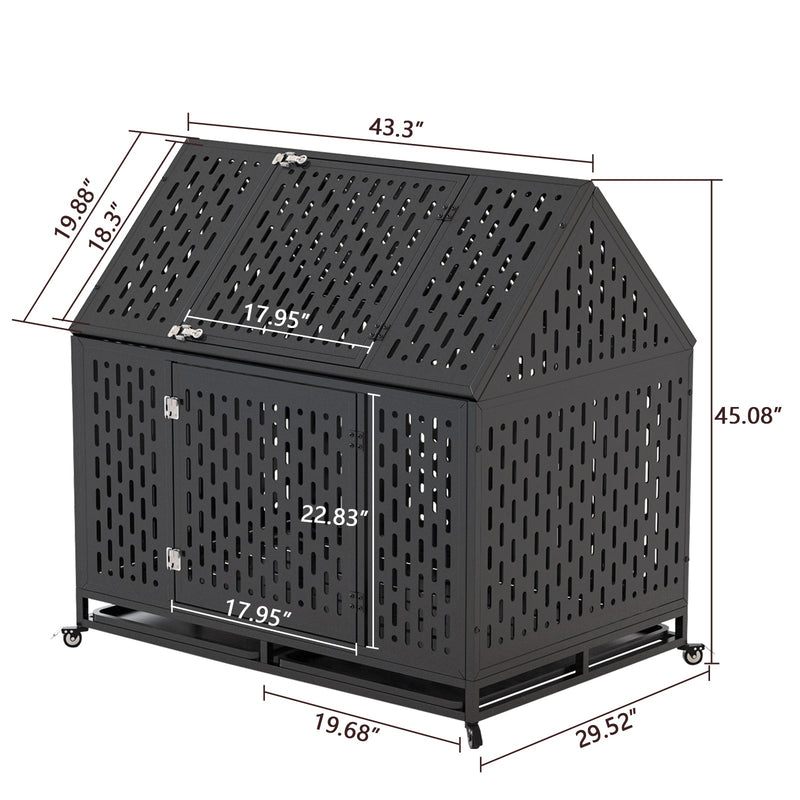 45' Heavy Duty Dog Crate Indestructible Pet Dog Cage Crate Kennel with Roof Top 2 Doors Removable Trays, Lockable Wheels, Escape-Proof for High Anxiety Large/Extra Dogs