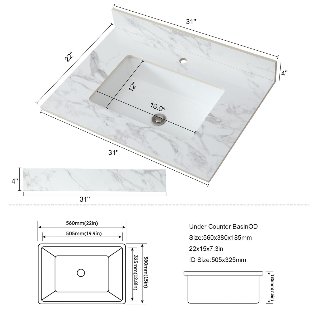 Elegant Bathroom Vanity Top With Rectangular Ceramic Sink And Backsplash, photo 7 of 19