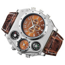 MenÕs Quartz Watch Two Time Zone Big Face Military Style Compass Thermometer Decorative Dial PU Leather Strap