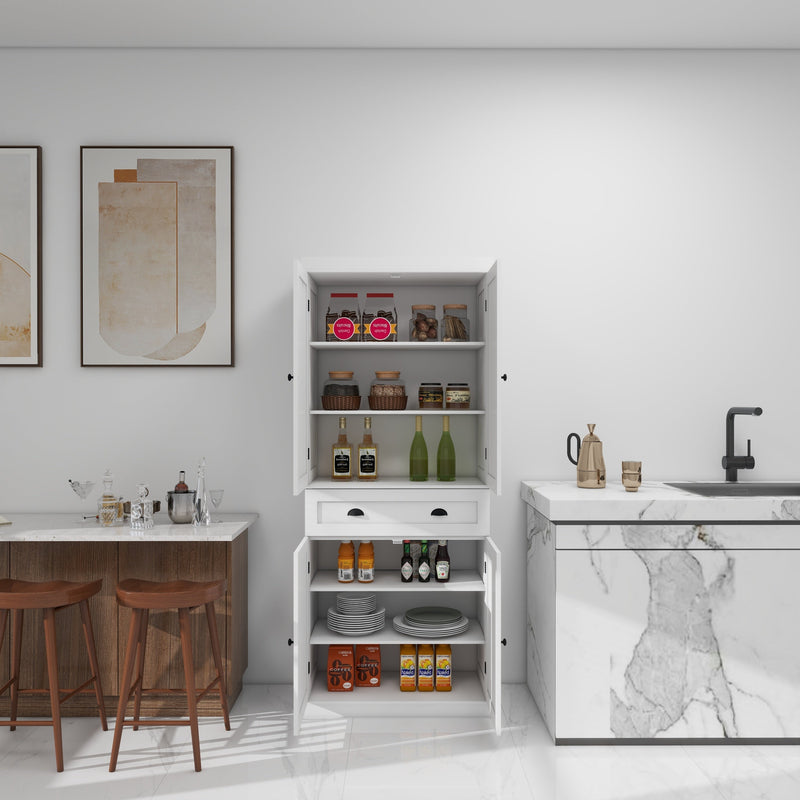 71" Kitchen Pantry Storage Cabinet, with 4 Doors, Drawer, 2 Adjustable Shelves, Freestanding Cupboard for Dining Room Living Room, Laundry-White
