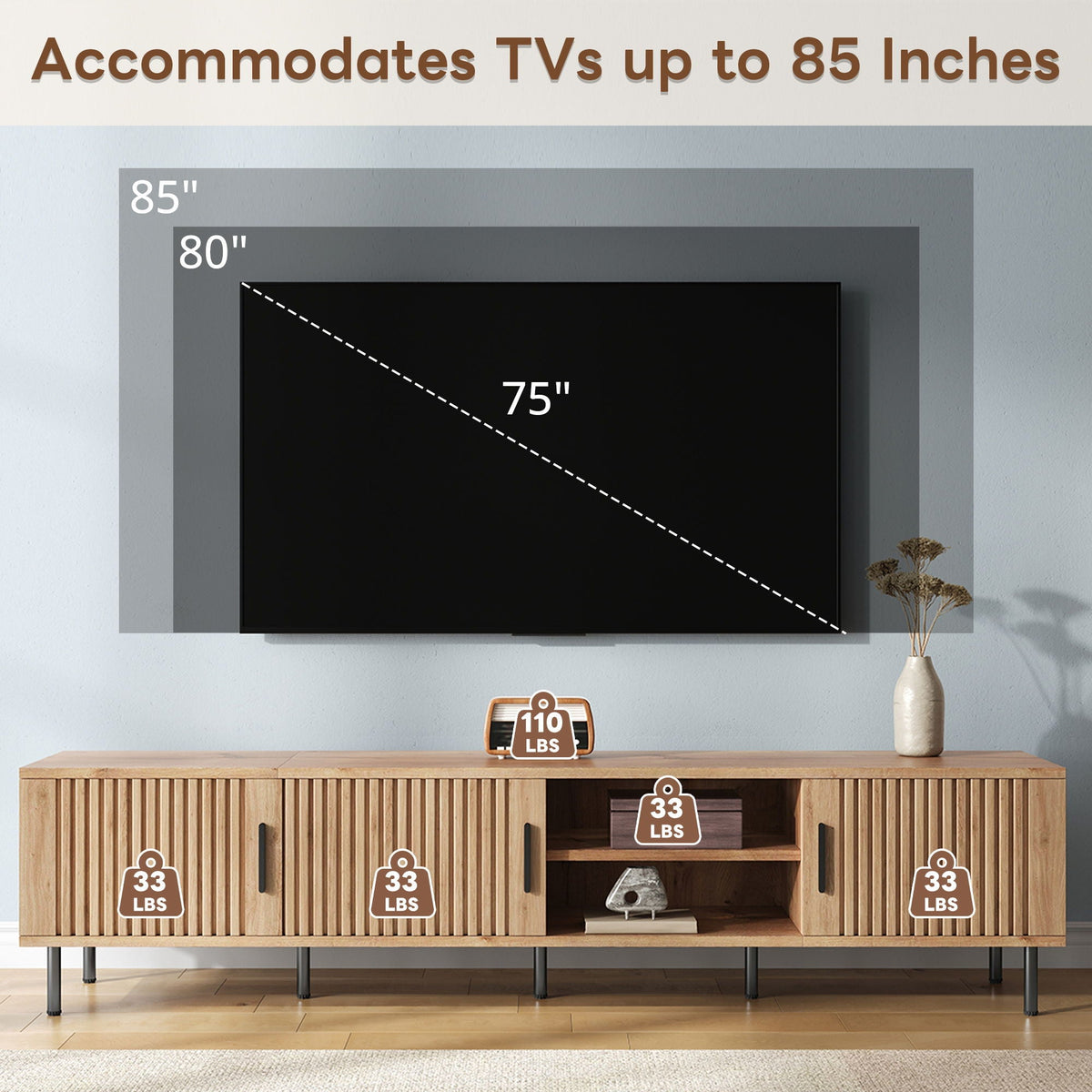 78" TV Stand For TVs Up To 85" With Closed Storage, Living Room Entertainment Center - Natural Wood, photo 3 of 16