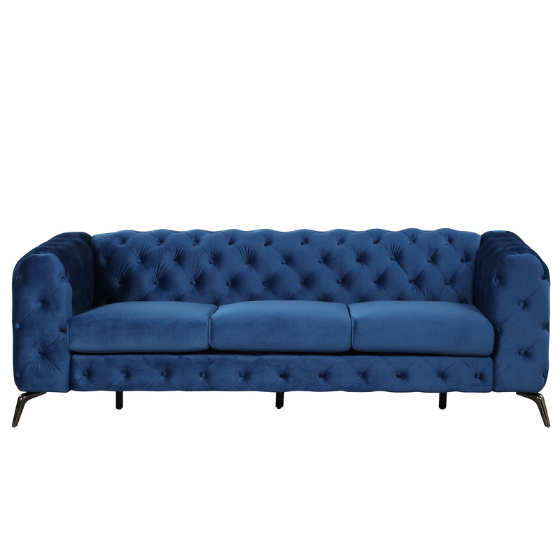 85.5" Velvet Upholstered Sofa with Sturdy Metal Legs, Modern Sofa Couch with Button Tufted Back, 3 Seater Sofa Couch for Living Room, Apartment, Home Office, Blue