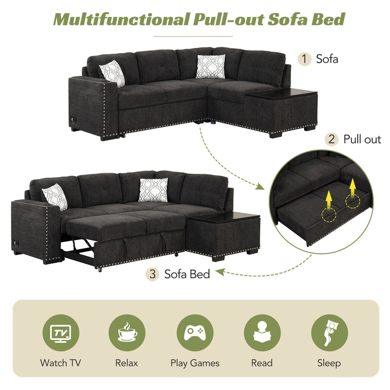83.8" Reversible Sectional Pull-Out Sofa Bed L-Shaped Corner Sofa Couch with Storage Chaise, USB Ports, Power Sockets, Cup Holder for Living Room, Bedroom, Study, Black