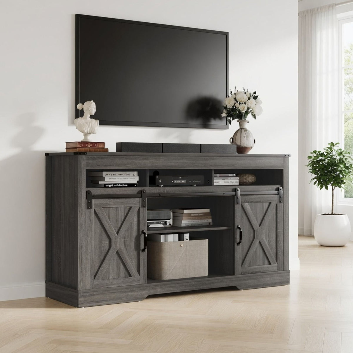 Farmhouse TV Stand With Sliding Barn Doors & Adjustable Storage, photo 14 of 40