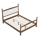 Mid-Century Modern Queen Size Solid Pine Wood Platform Bed with Upholstered Headboard in Boucle, No Box Spring Needed, Brown