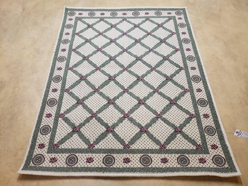 4x5 Panel Design Rug, 4' x 5' Power-Loomed Vintage Rug, Beige & Pine Green Carpet
