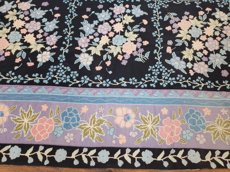 Chinese Needlepoint Rug 8 x 11.4, Hand-Woven Area Carpet, Flatweave Rug, Black Blue Light Violet Floral Garden European Design Wool Aubusson