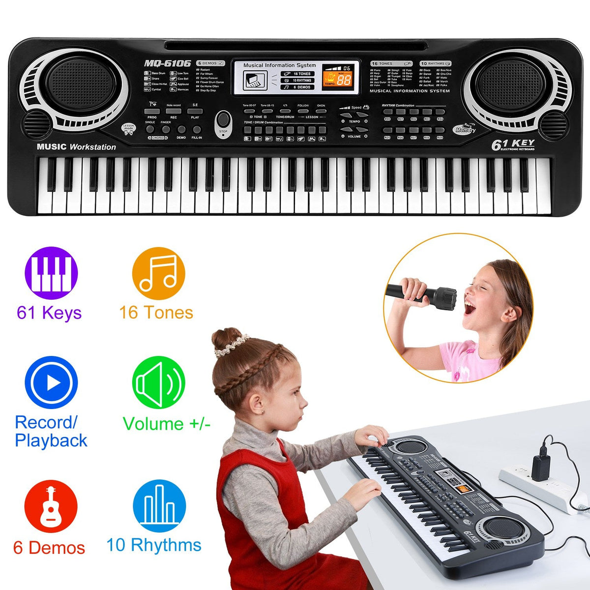 61 Keys Digital Music Electronic Keyboard Electric Piano Musical Instrument Kids Learning Keyboard w/ Microphone For Beginners Kids Girls Boys Adults, photo 9 of 12
