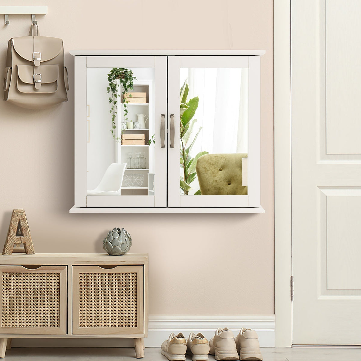2-Tier Bathroom Wall-Mounted Mirror Storage Cabinet with Handles-White, photo 7 of 8
