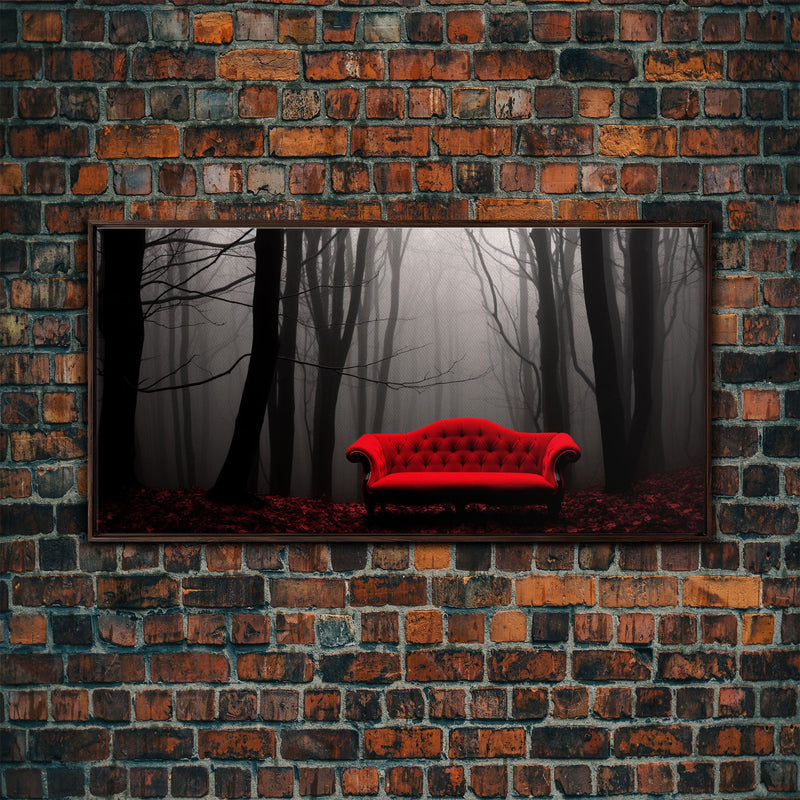 Red Sofa In A Forest Framed Canvas Print, Thought Provoking Art, Framed Art, Creepy Photography, Halloween Art