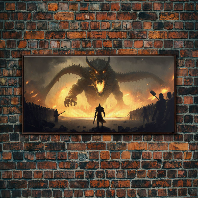 Warrior Facing Down a Dragon, Framed Canvas Print, Unique Fantasy Wall Art, In The Time of Dragons