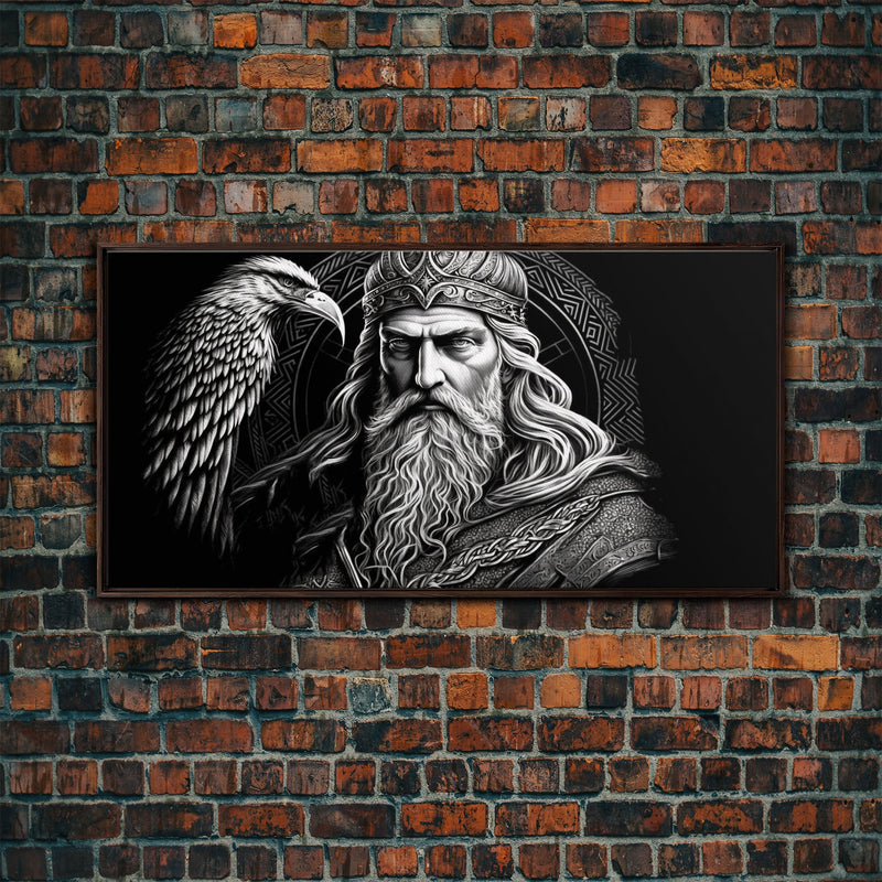 Black and White Portrait of Odin and Muninn, King of The Gods, Framed Canvas Print, Odin's Ravens, Norse Mythology Art