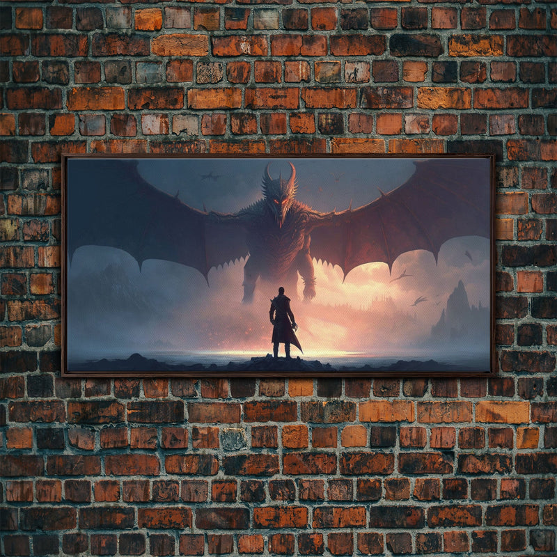 Warrior Facing Down a Dragon, Framed Canvas Print, Unique Fantasy Wall Art, In The Time of Dragons