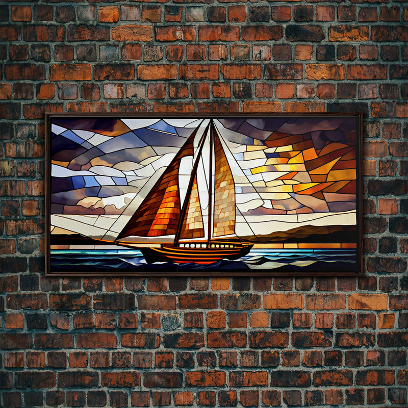 Art Deco Stained Glass Sail Boat Wall Art | Framed Canvas Print | Nautical Art | Seascape Art | Beach House Decor