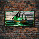 Emerald Green and Gold Art Deco Sail Boat, Framed Canvas Print, Retro MCM Style Wall Art, Midcentury Modern, Vintage Style, Stained Glass