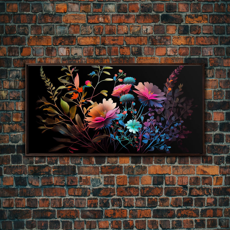 Wild Flower Art, Black Background, Framed Canvas Print, Canvas Art, Mother's Day, Watercolor Painting of Flowers on Canvas, Living Room Art