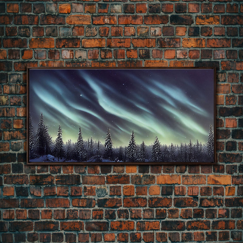 Aurora borealis over a snowy northern forest, canvas print, scenic winter landscape art, northern lights