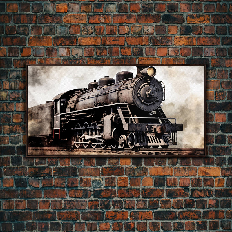 Black Steam Train Wall Art, Locomotive Wall Decor, Retro Train Wall Art, Panoramic Wall Decor, Canvas Print, Wall Art, Framed Canvas Art