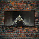 Grim Reaper Reading A Book In A Haunted Library, Framed Canvas Print, Victorian Oil Painting Style, Spooky Halloween Decor, Goth Art
