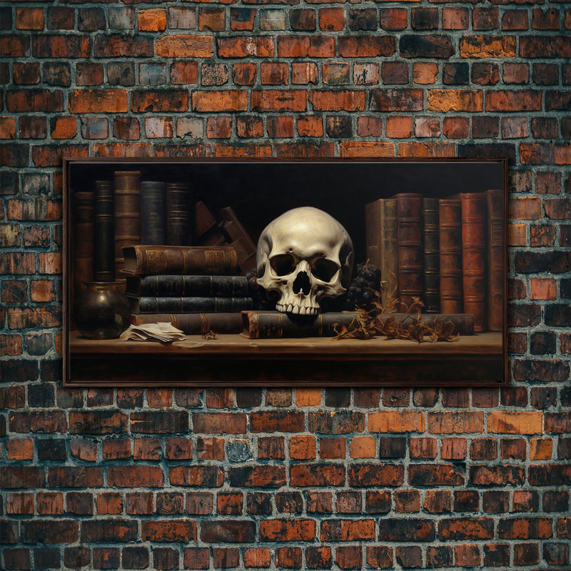 Victorian Gothic Library Art, The Skull On The Shelf, Framed Canvas Print, Halloween Decor, Halloween Art Print