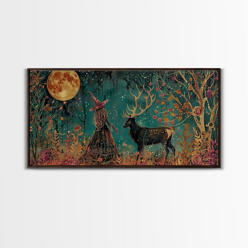 Victorian Witch and her Elk Familiar | Framed Canvas Print | Dark Academia Wall Art | Victorian Style Halloween Art