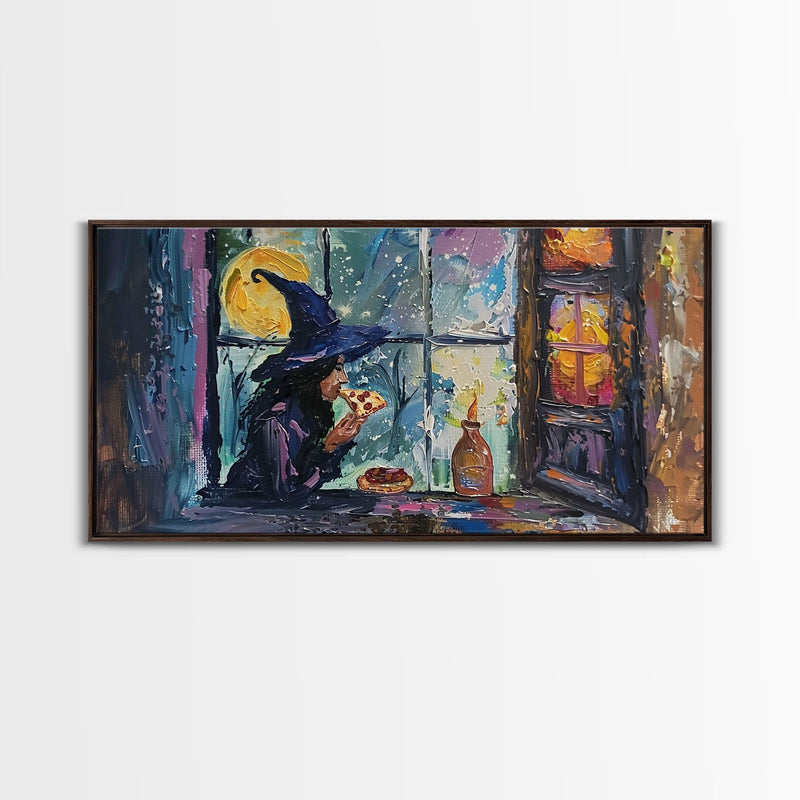 Witch Eatin' a Slice of Pizza, Framed Canvas Print, Witchy Decor, Impasto Style Halloween Wall Art