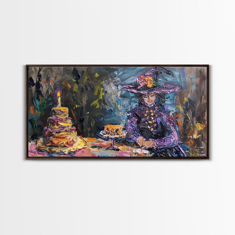 Birthday Party for One, Springtime Witch and A Birthday Cake, Framed Canvas Print, Funny Halloween Art