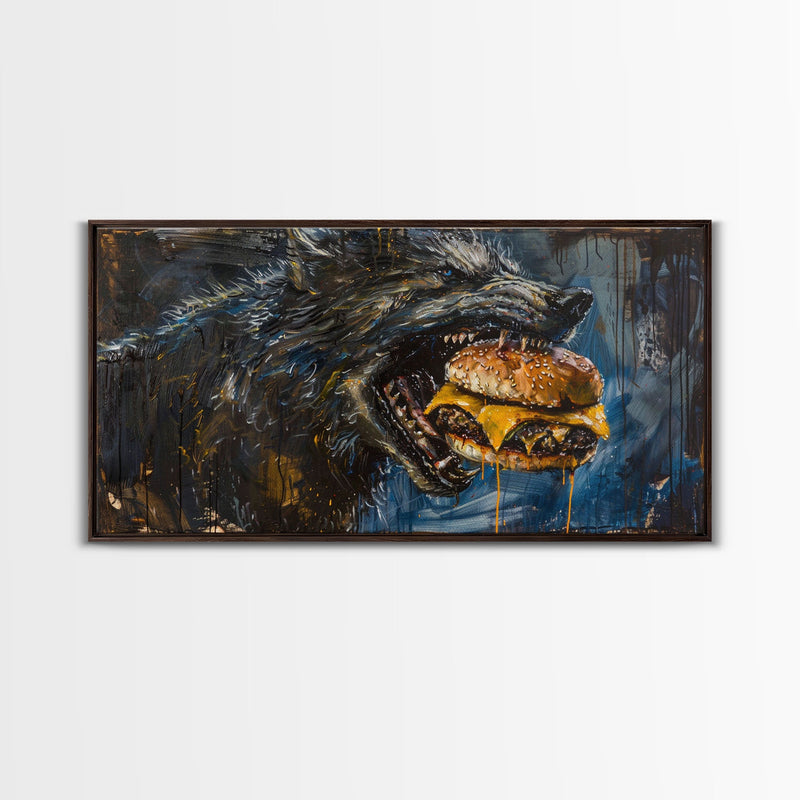 Big Ol Werewolf Having A Cheese Burger - Framed Canvas Print - Funny Halloween Art