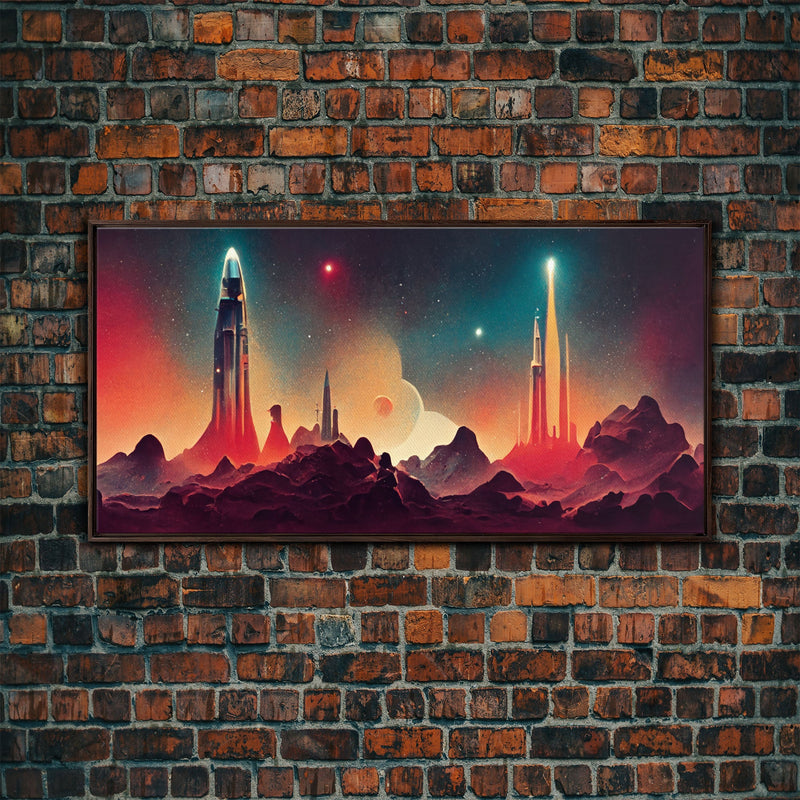 Art deco style space canvas print, space ship art, space art, outrun style, sci-fi themed art print, science fiction, space exploration