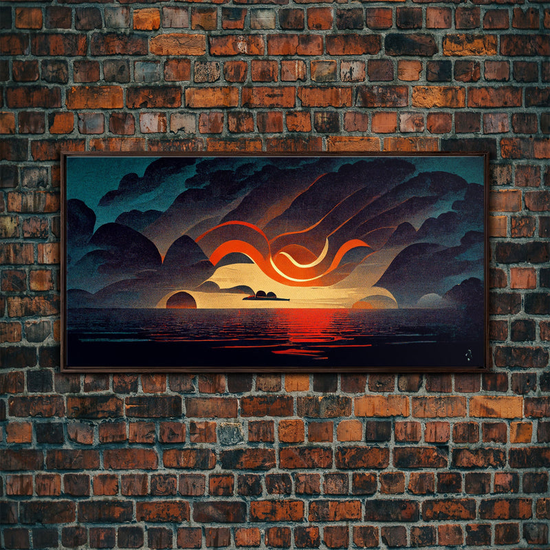 Abstract art deco sunset canvas print, sunset over the vast ocean, living room art