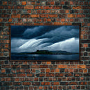 Rainstorm wall art, canvas print, ready to hang, fast moving storm over an island castle, cool wall art