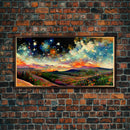 Night Starry Sky Landscape Framed Canvas Print, Colorful Night Sky Painting Nature Painting Living Room Wall Art Spiritual Starry Painting
