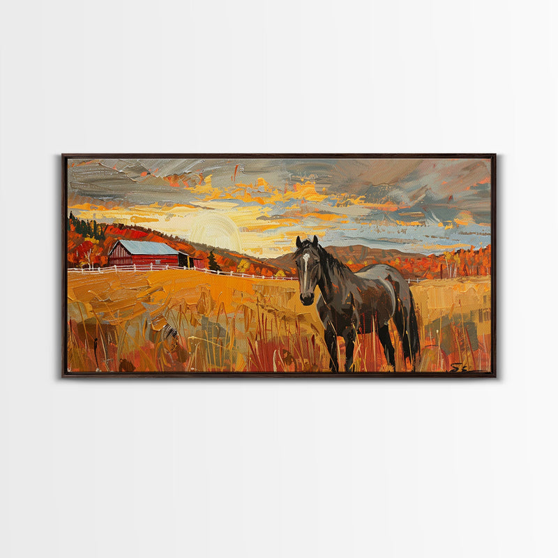 Black Horse in Autumn Field with Red Barn, Perfect Farmhouse Art, Framed Canvas Print, Rustic Wall Decor, Living Room Decoration