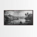 Peaceful Desert Oasis with Palm Trees, Framed Canvas Print for Living Room Decor, Ideal Bedroom Wall Art, Serene Western Scene