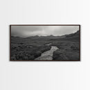 River and Rolling Hills Under Cloudy Sky, Black and White Framed Canvas Print Rustic Farmhouse Living Room Decor, Landscape Art, Home Decor