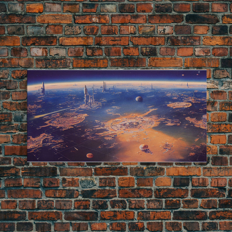 Bird's eye view of a futuristic city-planet, cool scifi art, framed canvas print, ready to hang framed wall art