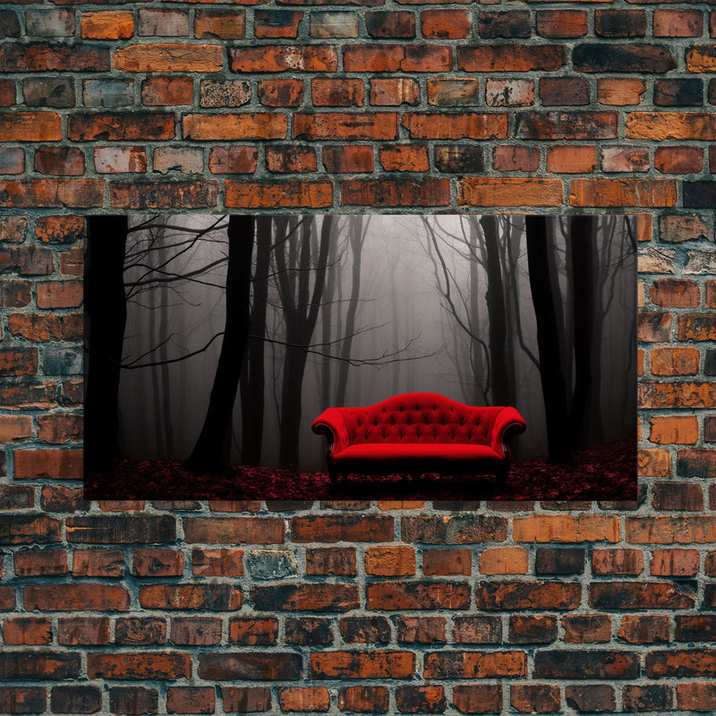 Red Sofa In A Forest Framed Canvas Print, Thought Provoking Art, Framed Art, Creepy Photography, Halloween Art