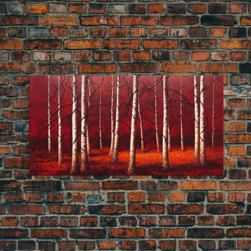 Birch Trees, Haunted birch forest, blood red forest, framed canvas print, ready to hang framed wall art