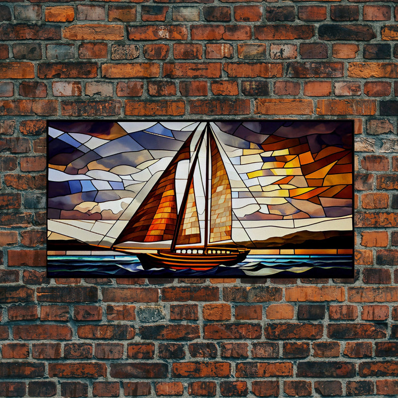 Art Deco Stained Glass Sail Boat Wall Art | Framed Canvas Print | Nautical Art | Seascape Art | Beach House Decor